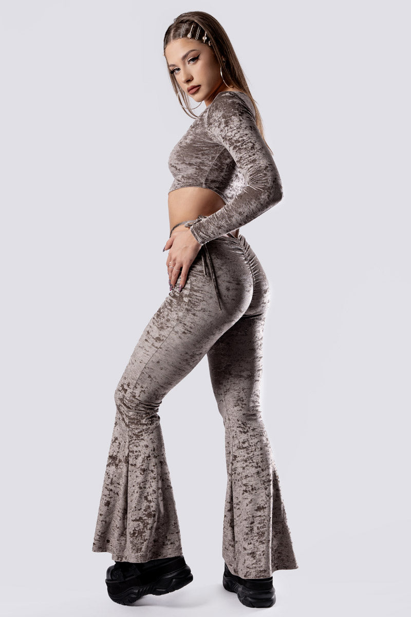 mocha-latte-hip-strap-flare-pants-set-beige-velvet-full-side-view