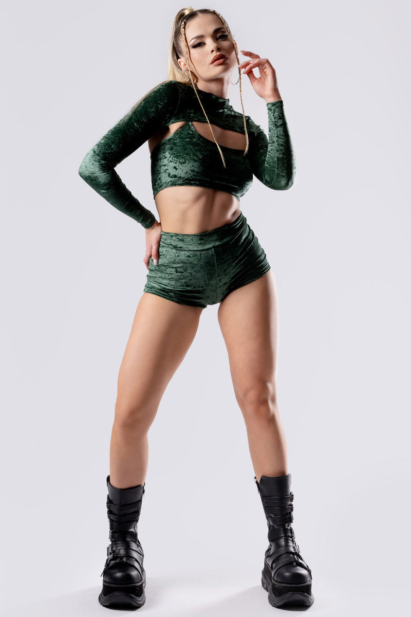 moss-babe-booty-shorts-green-velvet-front-view