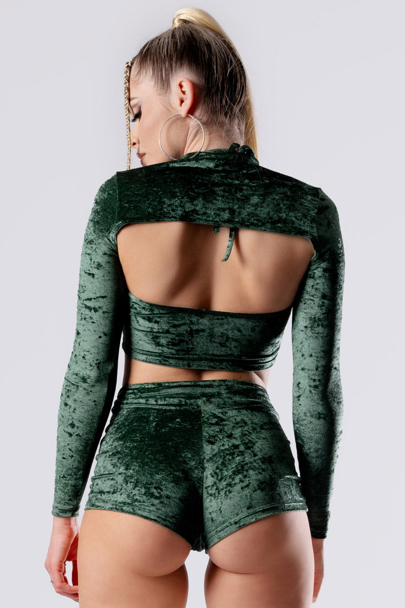 moss-babe-booty-shorts-set-green-velvet-back-view