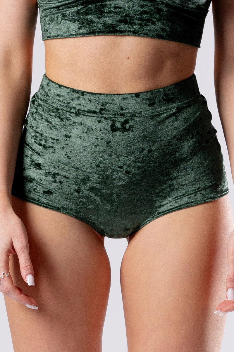 moss-babe-high-rise-booty-shorts-green-velvet-close-front-view