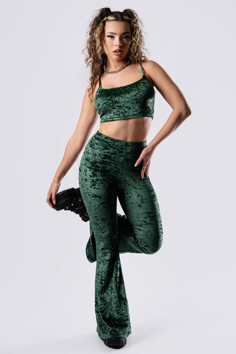 moss-babe-spaghetti-strap-crop-top-green-velvet-front-view