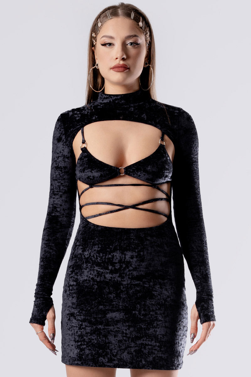 Obsidian Muse Open Front Dress - Black Velvet