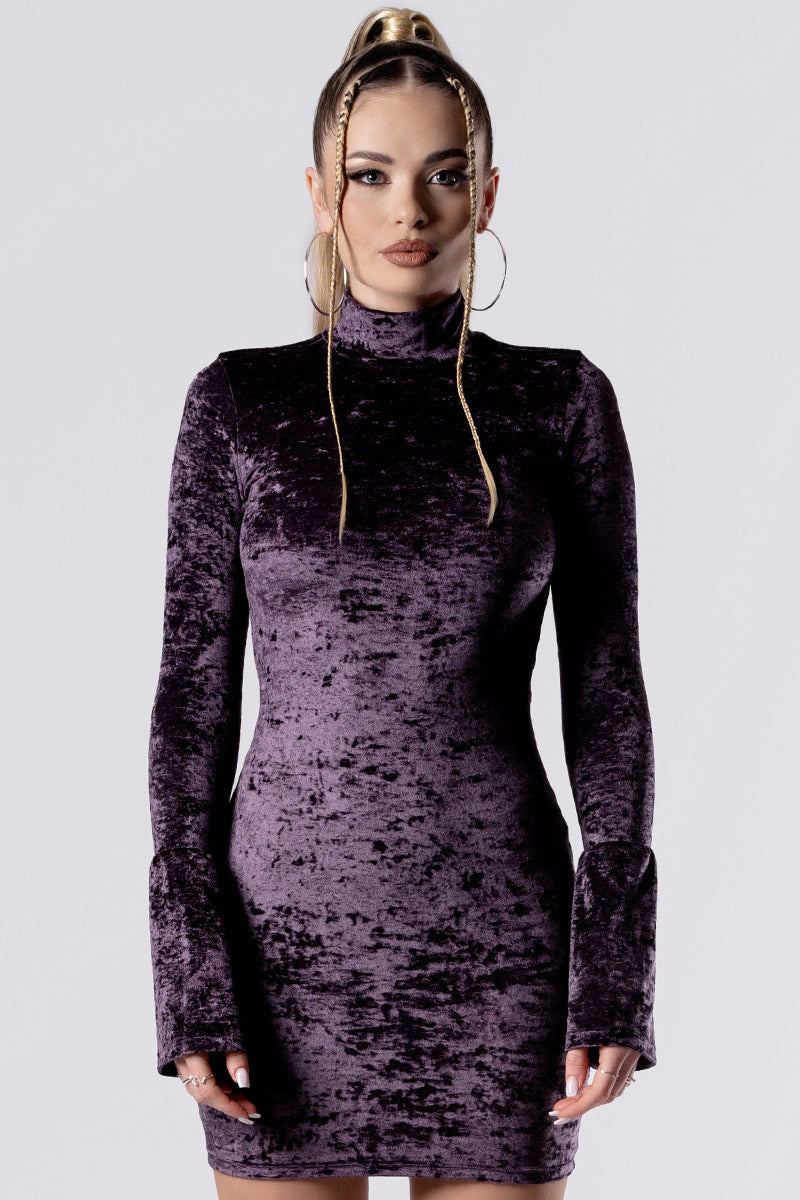 purple-smoke-high-neck-bodycon-dress-purple-velvet-close-view