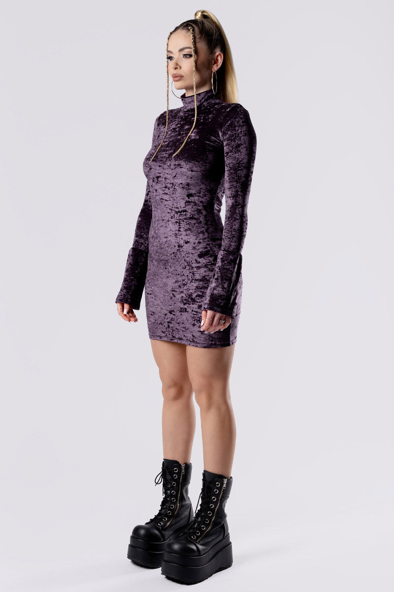 purple-smoke-high-neck-bodycon-dress-purple-velvet-side-view