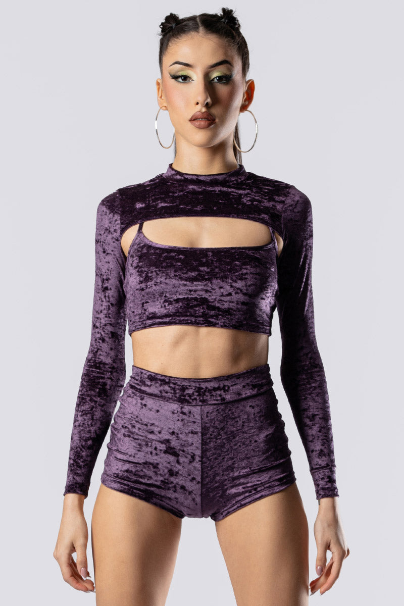 purple-smoke-high-waisted-shorts-set-purple-velvet-close-view