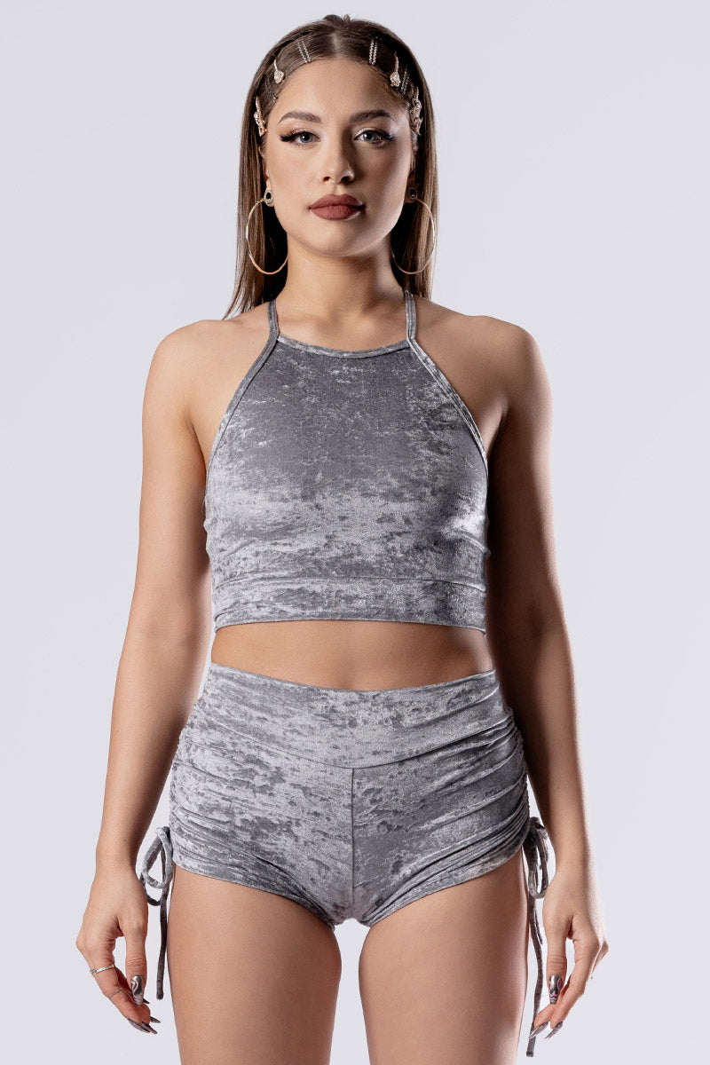 silver-fox-high-waisted-tie-side-shorts-grey-velvet-close-view