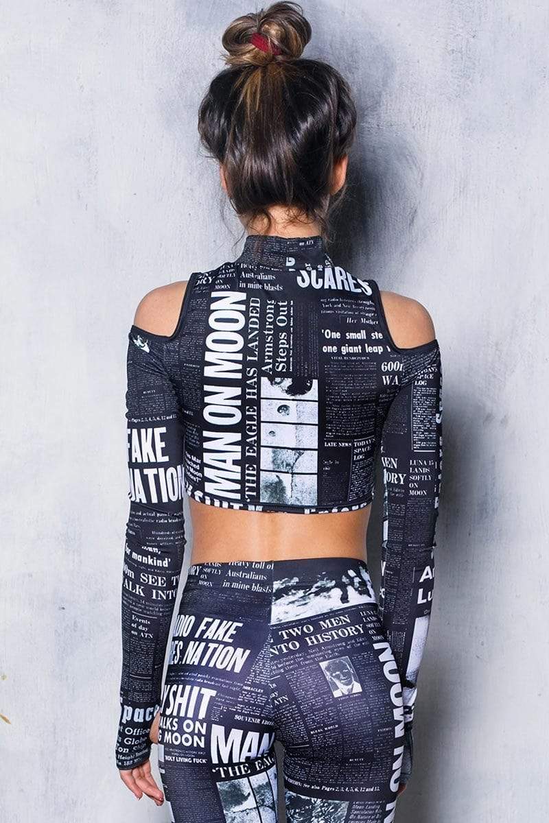Black Newspaper Cold Shoulder Crop Top Back View