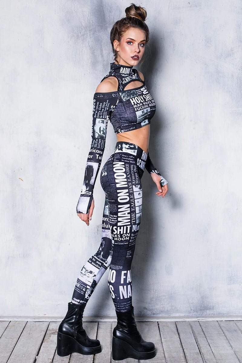 Black Newspaper Cold Shoulder Crop Top Side View